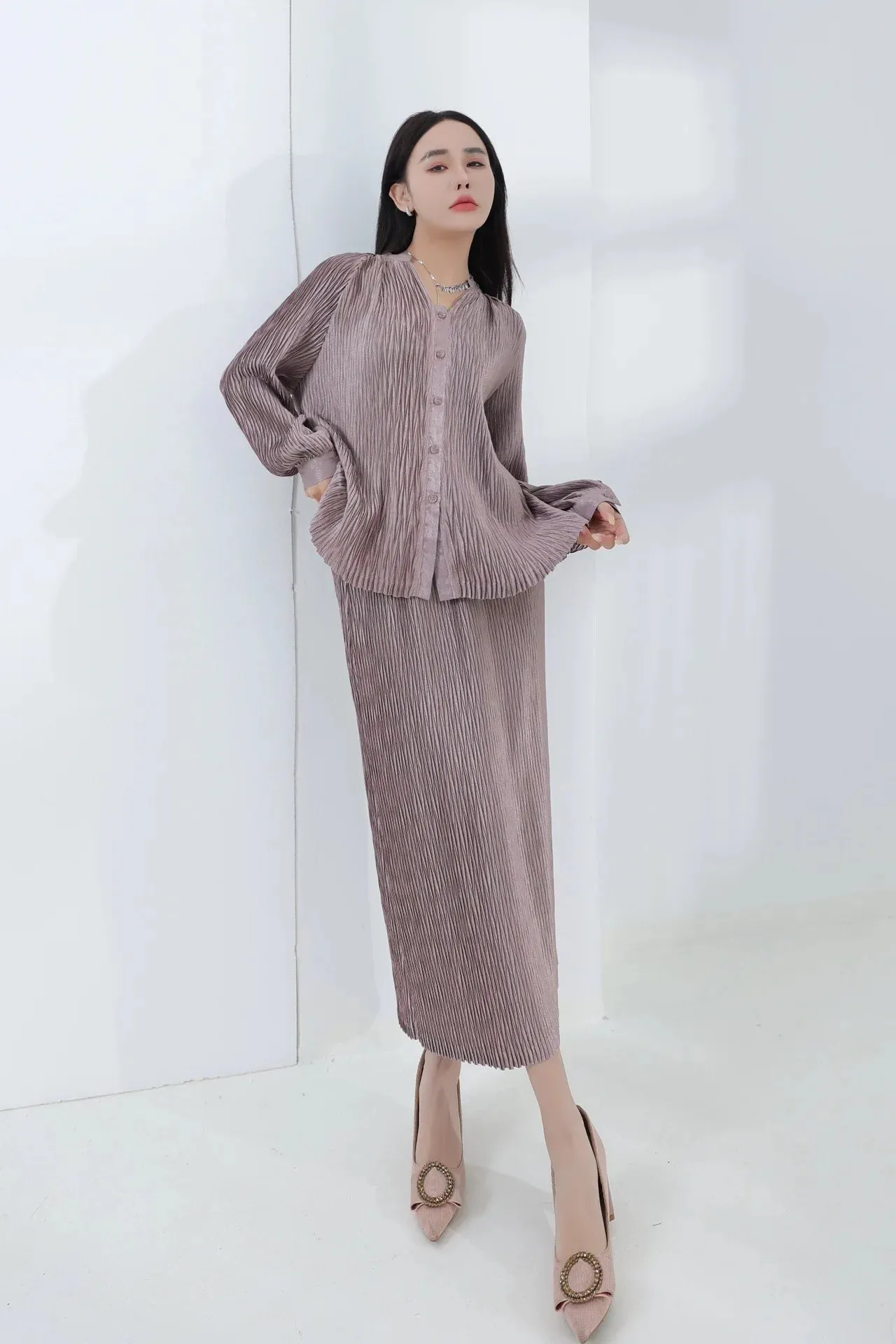 Designer Pleated Cardigan & Long Skirt Set