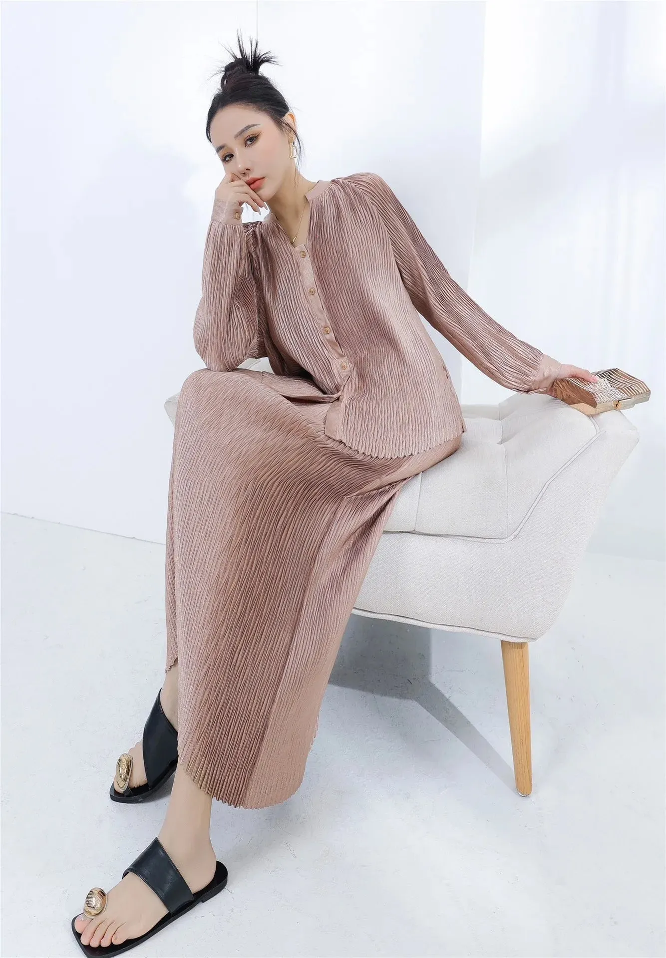 Designer Pleated Cardigan & Long Skirt Set