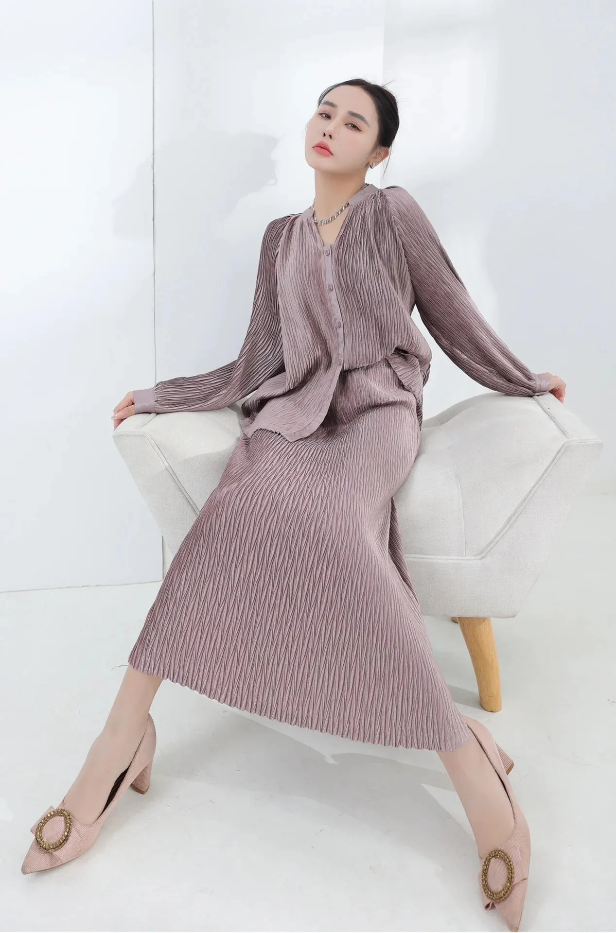 Designer Pleated Cardigan & Long Skirt Set