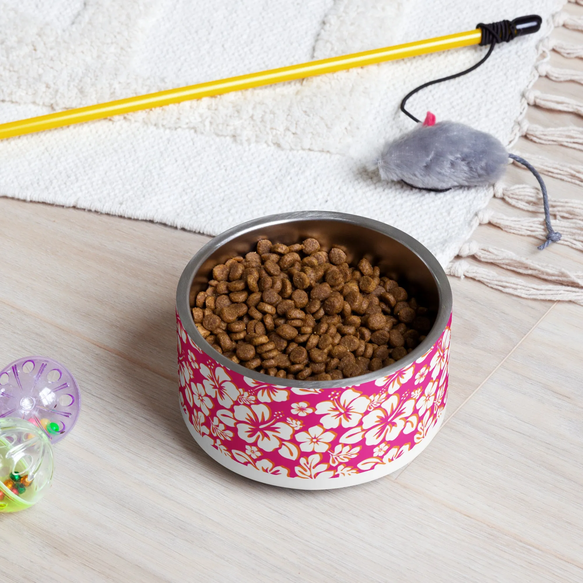 Hot Pink, Orange and White Hawaiian Flowers Pet Bowl