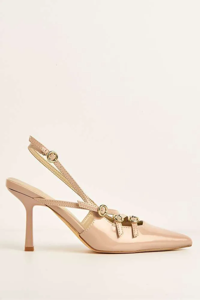 Sonora 3 Buckle Detail Slingback Heeled Court Shoes in Nude