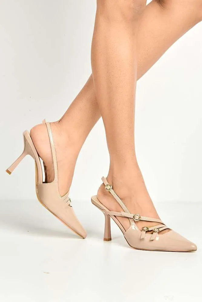 Sonora 3 Buckle Detail Slingback Heeled Court Shoes in Nude