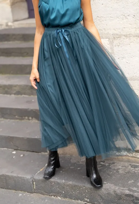 Women's Aria Tulle Midi Skirt in Petrol Blue